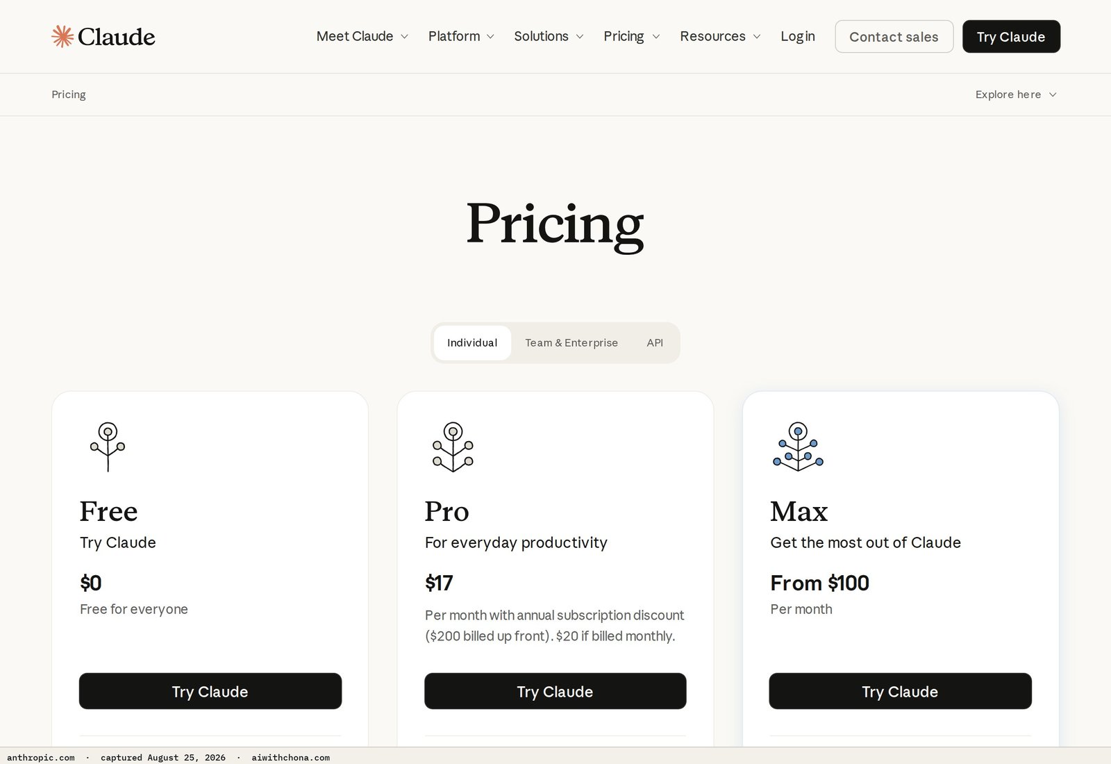 Claude Pro is listed at $20/mo on Anthropic's official pricing page — the same plan tier used for client work in this guide