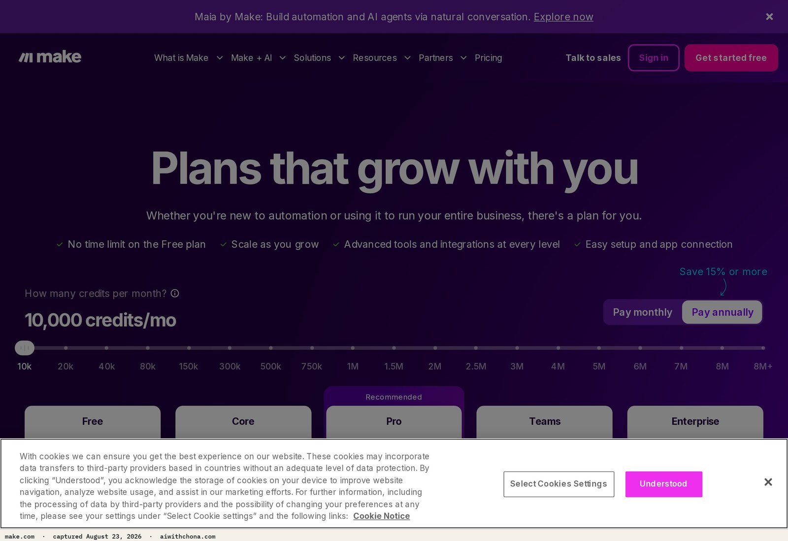 Make's free plan includes 1,000 operations/month — a generous entry point for building client automations before you charge a cent