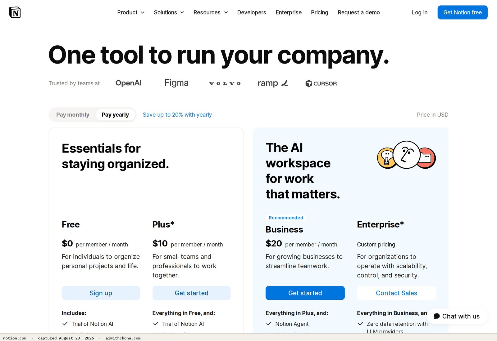 Notion's free plan is listed here—confirming you can build and share templates at $0 before ever paying