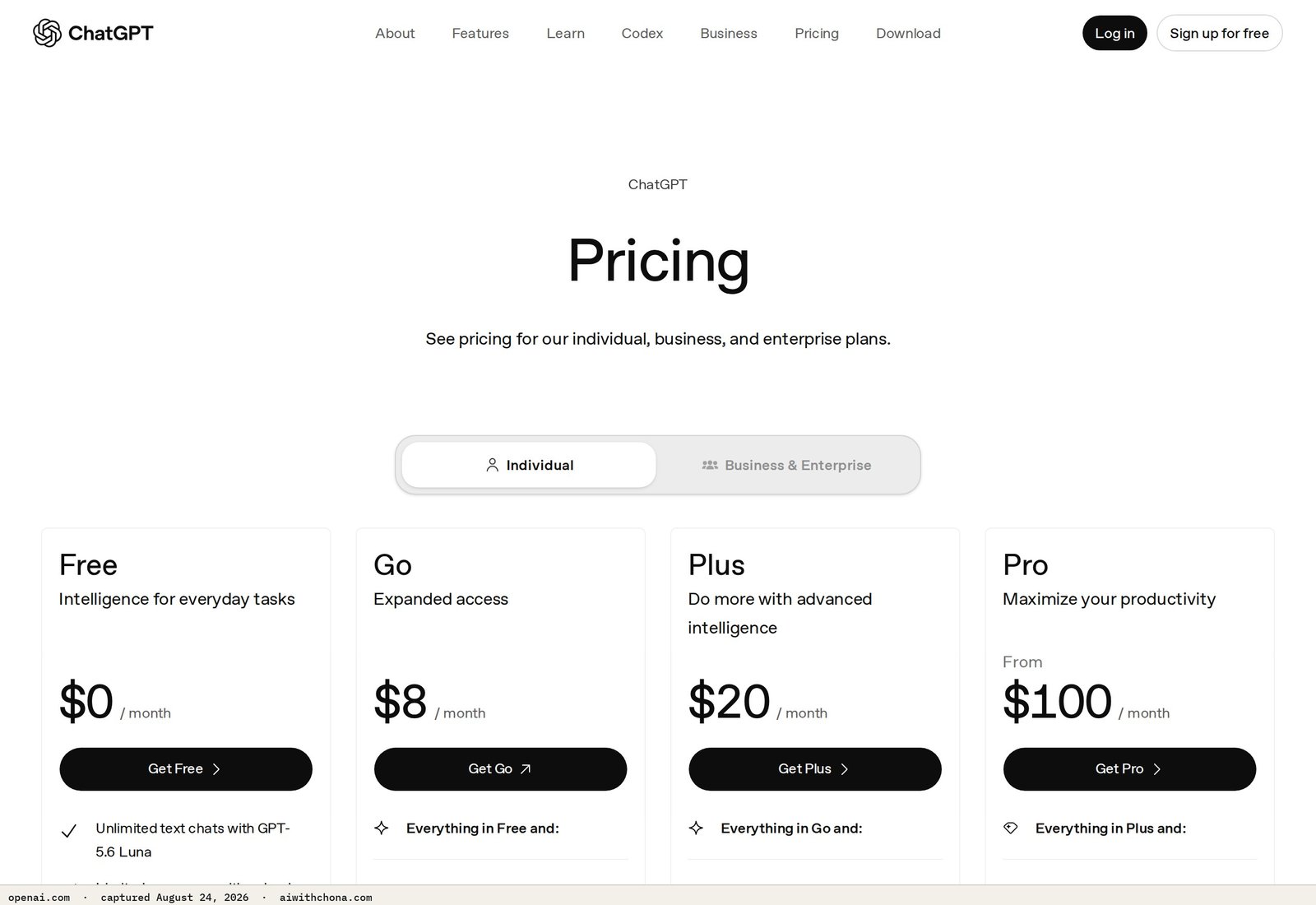 ChatGPT Plus is listed at $20/mo on OpenAI's pricing page — the main tool cost to factor into your service pricing