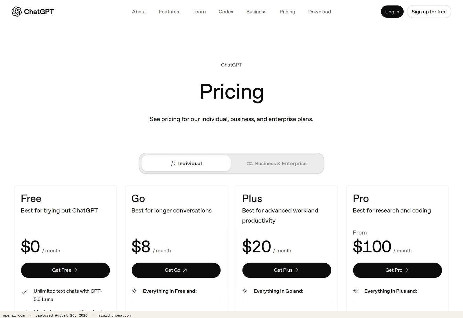 ChatGPT Plus is listed at $20/mo on OpenAI's pricing page — the main tool cost for most beginners starting an AI service business