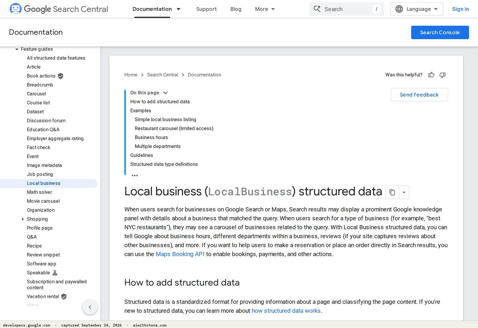 Google's official LocalBusiness structured data documentation — lists every property Google reads for hours, address, and services