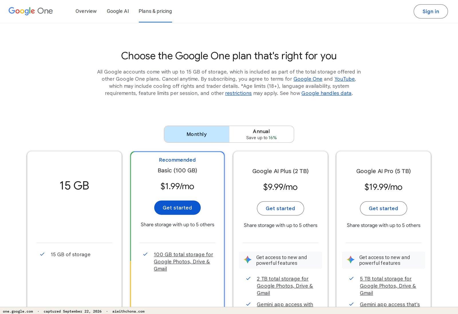 Google One AI Premium plan is listed at $19.99/mo — this is the plan that includes Gemini Advanced used in this workflow