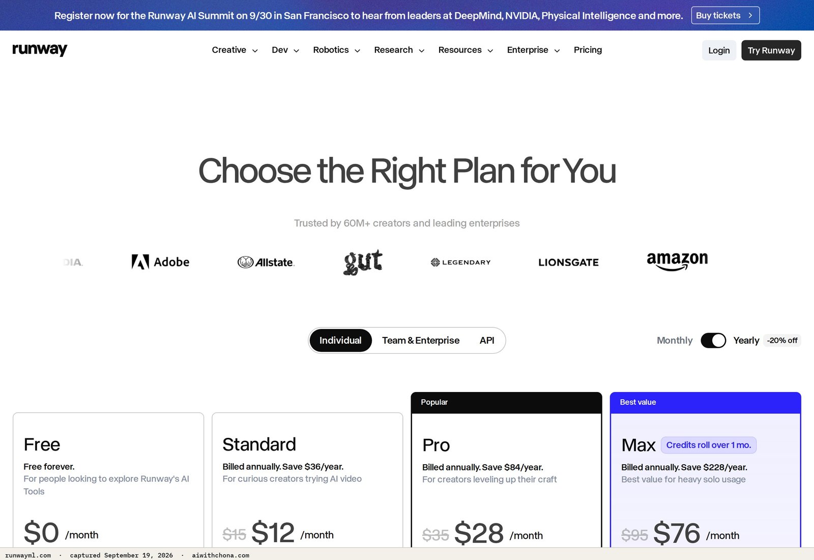 Runway's official pricing page showing Max plan tiers and credit allotments
